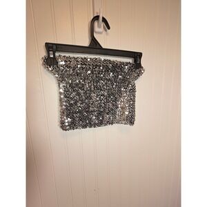 PINK Victoria's Secret Silver Sequin Tube Top Strapless Crop Party Shirt Womens